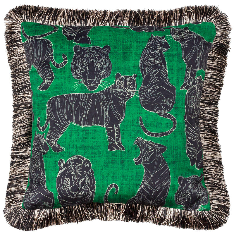 furn. Wildcat Velvet Fringed Cushion Cover in Jungle Green