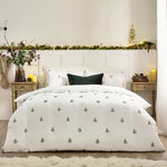 Winter Forest 100% Cotton Embroidered Duvet Cover Set White/Forest green