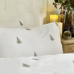 Winter Forest 100% Cotton Embroidered Duvet Cover Set White/Forest green