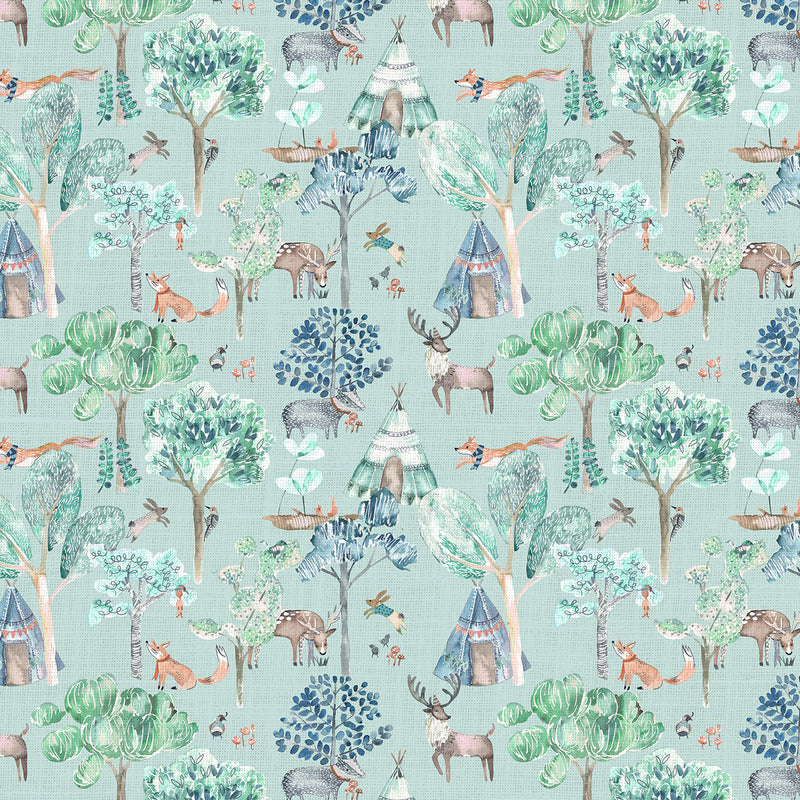 Animal Blue Fabric - Woodland Adventures Printed Cotton Fabric (By The Metre) Aqua Voyage Maison