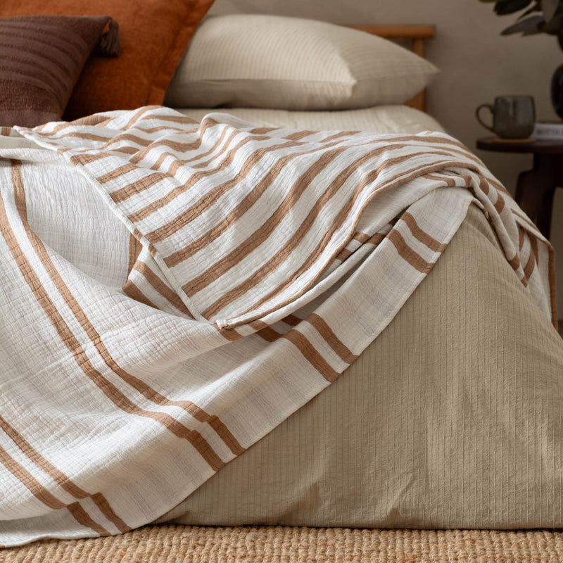 Striped Brown Bedding - Woven Stripe 100% Cotton Bedspread Cinnamon Yard