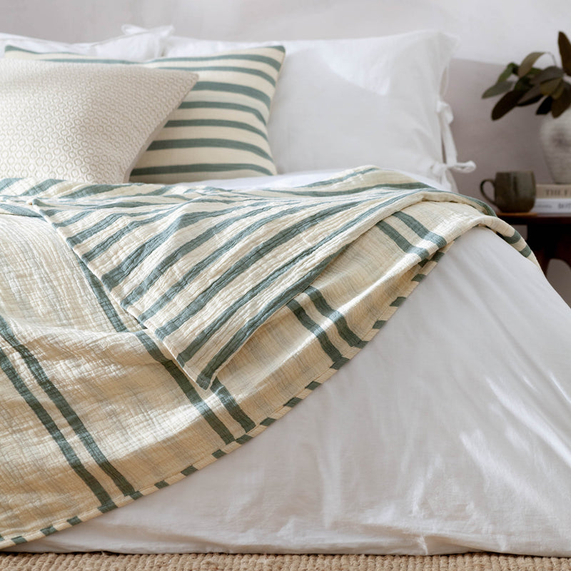 Striped Green Bedding - Woven Stripe 100% Cotton Bedspread Eucalyptus Yard