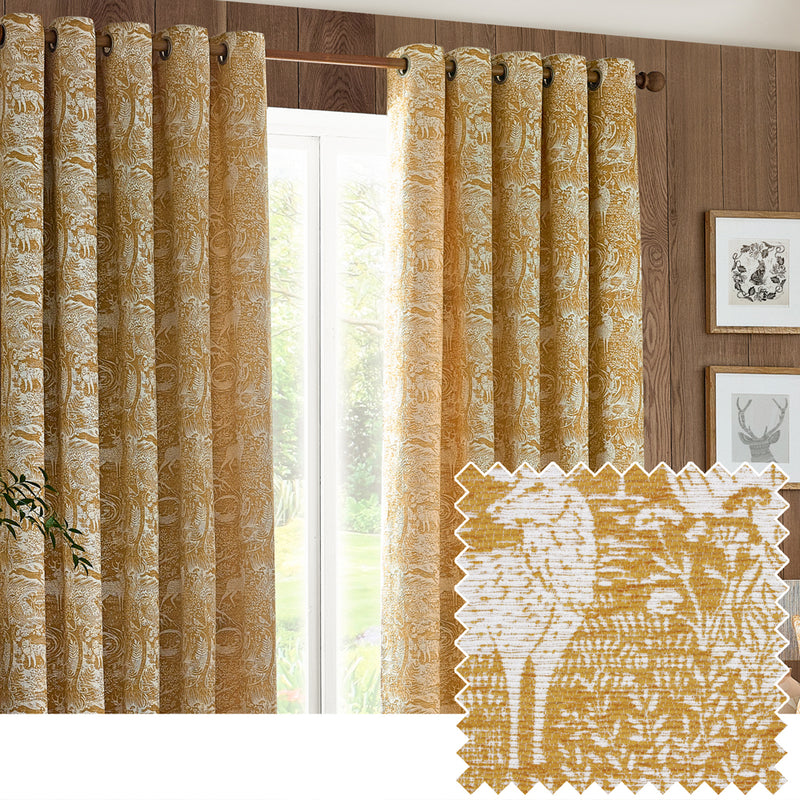 furn. Winter Woods Animal Chenille Eyelet Curtains in Ochre