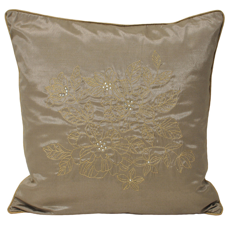 Chic Floral Embroidered Cushion Taupe